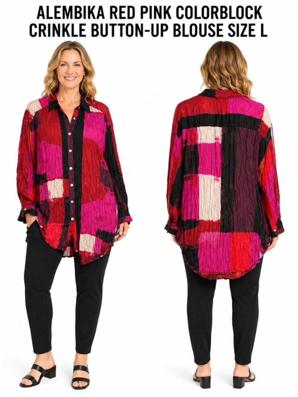 ALEMBIKA RED PINK COLORBLOCK CRINKLE BUTTON-UP BLOUSE SIZE L